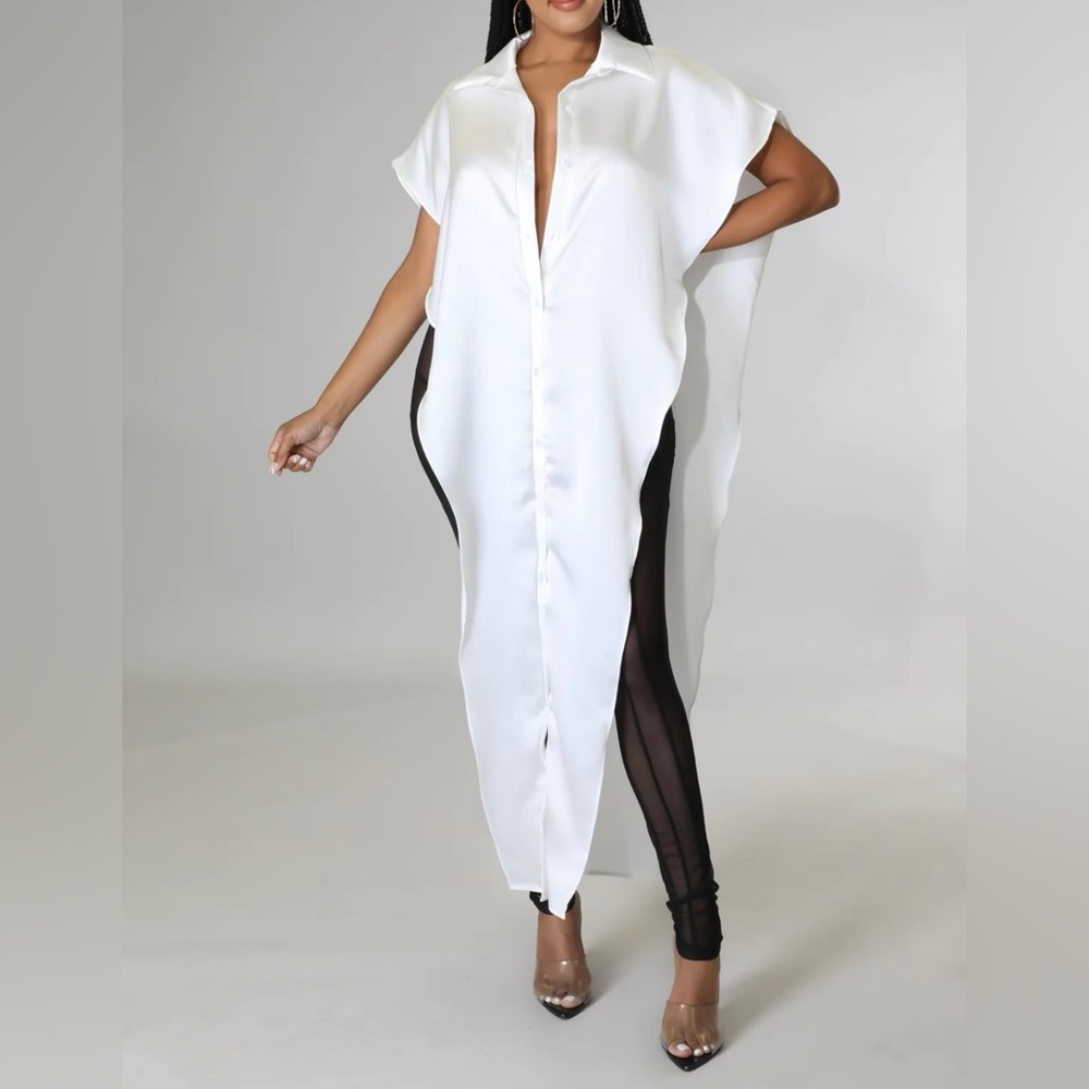 Open Invitation Sleeveless Button-down White Asymmetrical Maxi Shirt Blo…